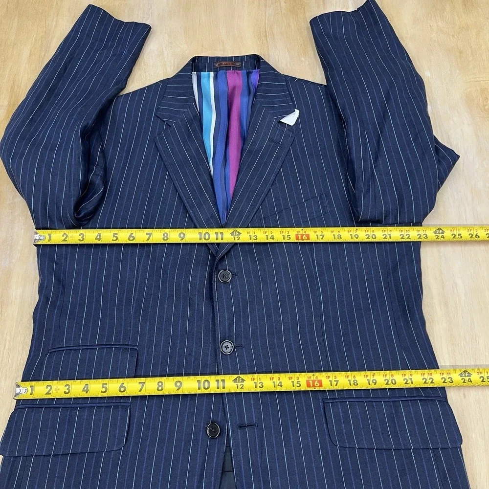 Etro Linen Suit Mens (Actual Sz 44R) Pants 37x28 Dark Navy/Teal 3Button Striped